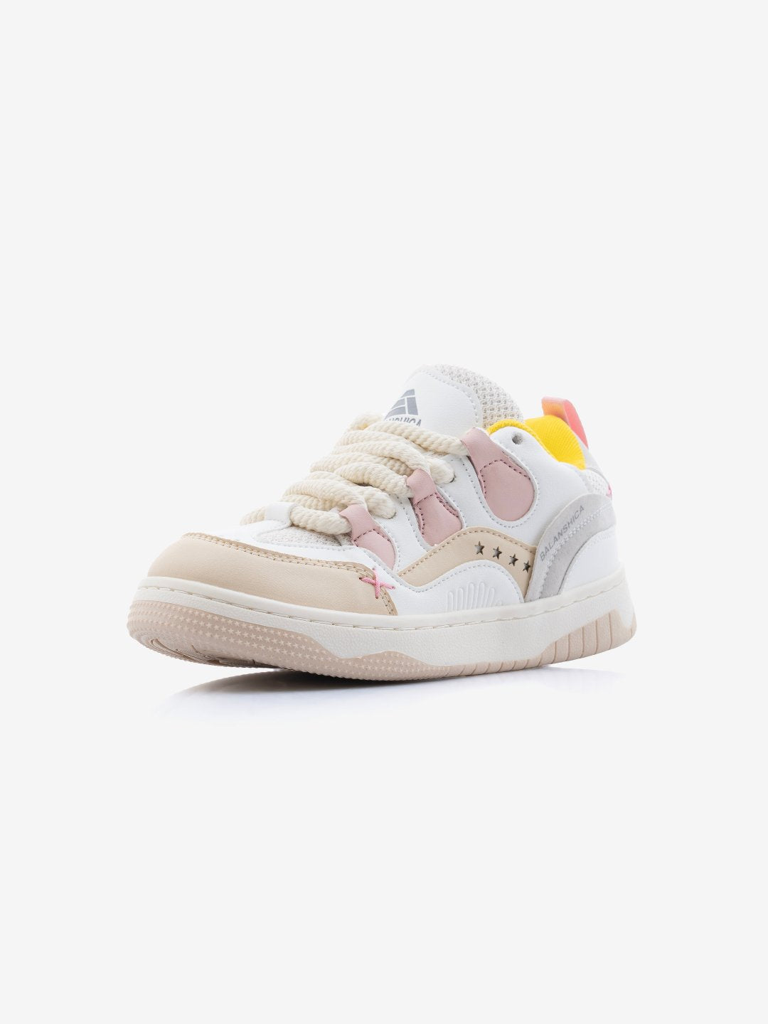 Balanshica Femme White & Pink Thick-Lace Flat Sole Sneakers